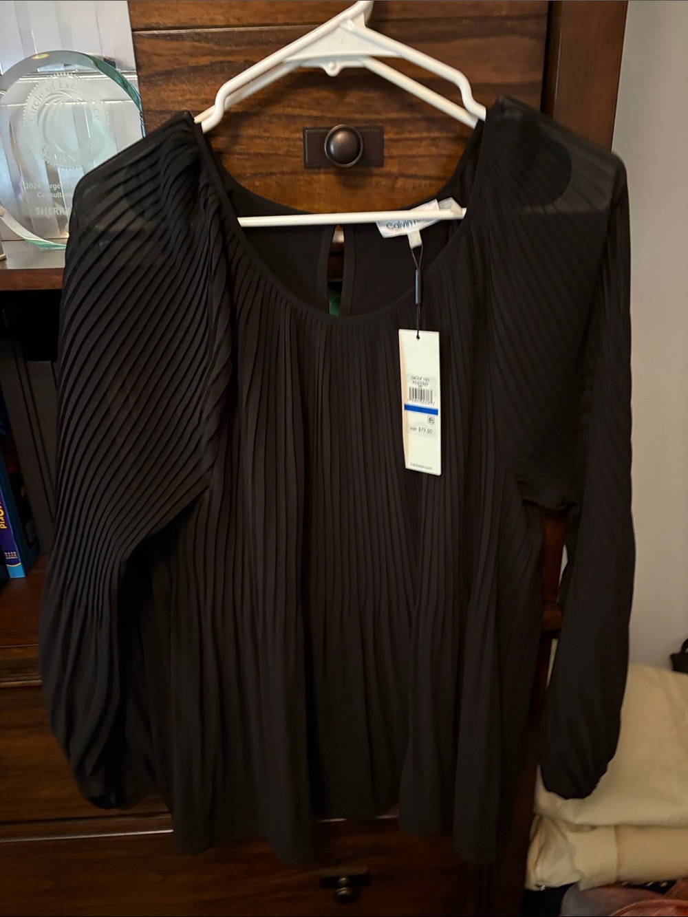 Calvin Klein Black Pleated Long-Sleeve Blouse